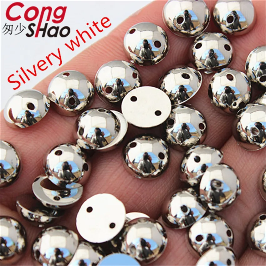 Cong Shao 100Pcs 10mm Gold Color stones and crystal Acrylic Round rhinestone trim flatback sewing 2 Hole DIY Wedding Dress ZZ733