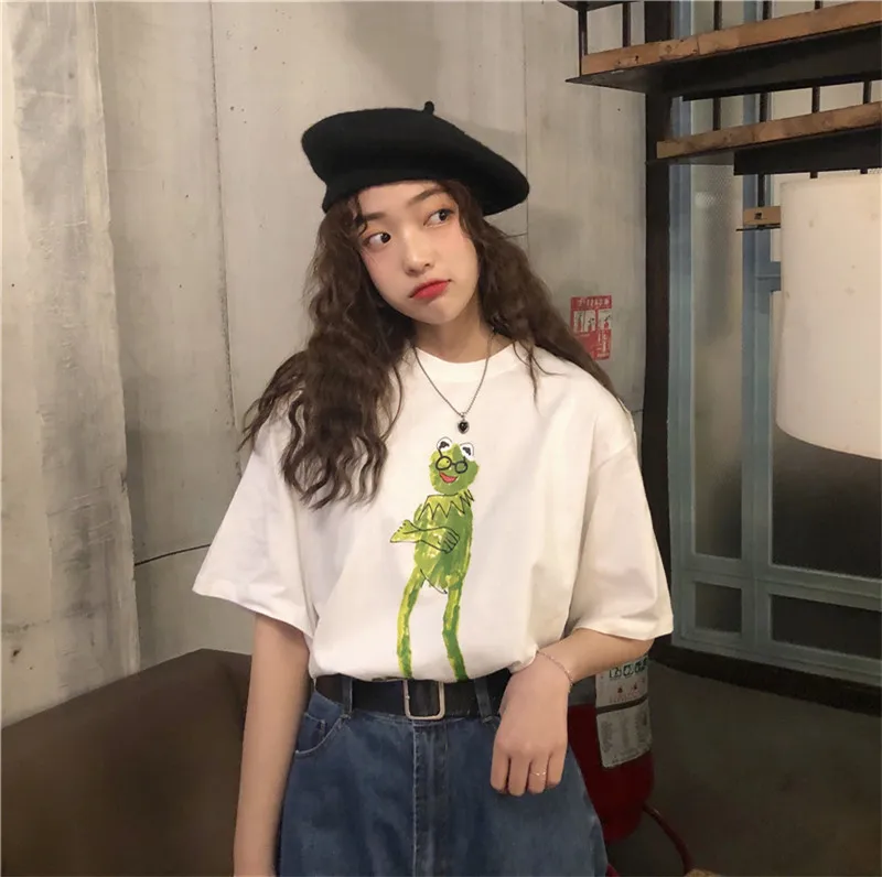 Женские летние модные футболки с милым мультяшным принтом японские Harajuku длинным