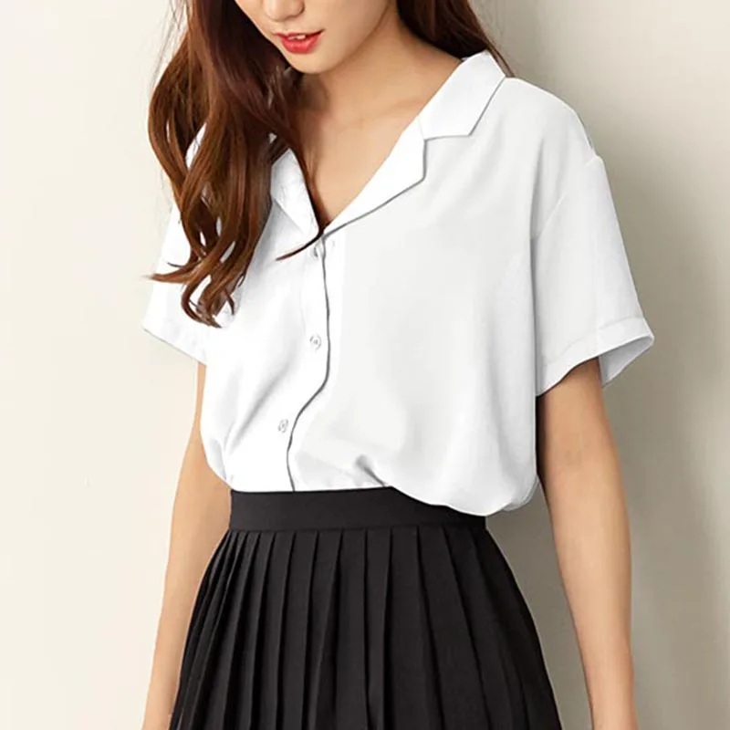 Summer Women Tops Chiffon Blouse Button Loose Shirt Solid Color V-Neck Blusa Feminina Short Sleeves Ladies Office |