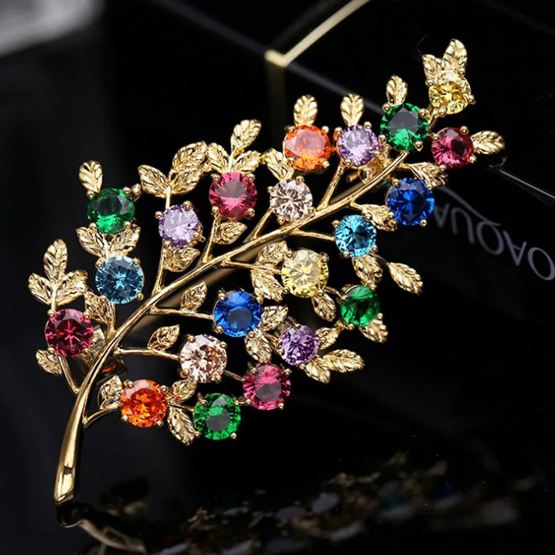 Zlxgirl high Metal copper colorful leafs Shape Brooches Zircon bridal Jewelry For Women's Luxury Brooch Pins men jewelry | Украшения и