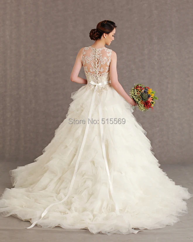 Expensive Luxury Ruffled Tulle Unique See Through Lace Back Designer Elie Saab Ball Gown Wedding Dresses With Sash | Свадьбы и