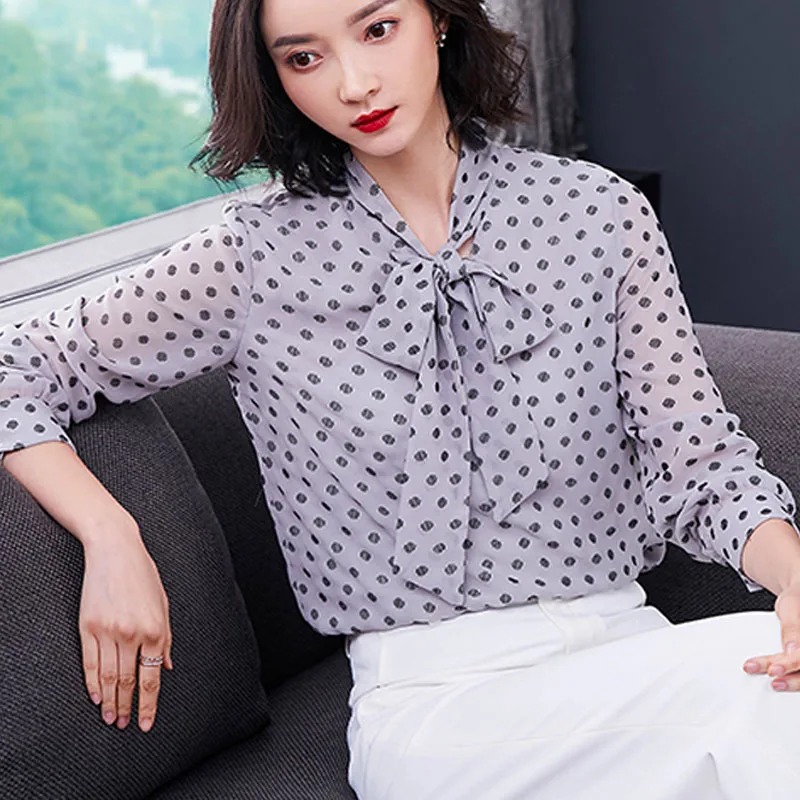 

Korean Fashion Clothing 2021 Women's Clothing Ladies Tops Plus Size Chiffon Blouse Polka Dot Bow Shirts Blouse Women 2914 50