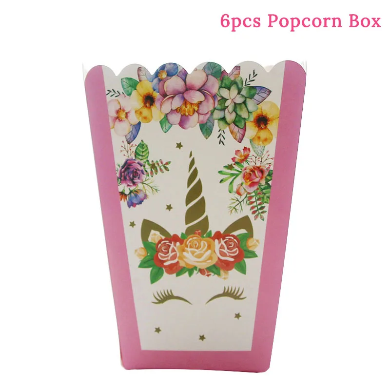 6pcs popcorn box Декоративная скатерть в виде единорога на день рождения, бумажные салфетки, тарелки, подставка для кекса, детский душ, декоративные принадлежности для тематической вечеринки - Цвет: 6pcs popcorn box
