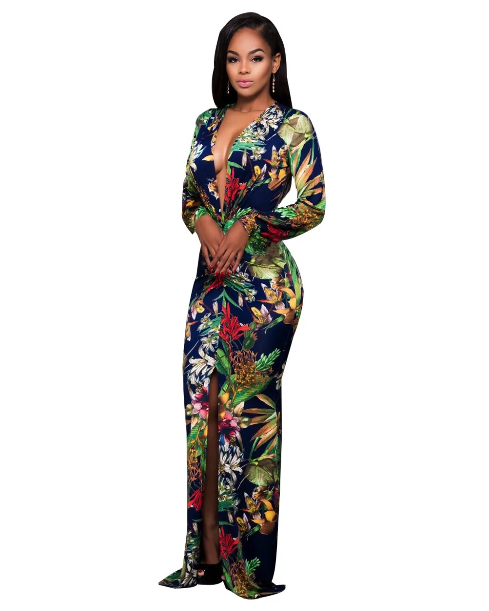 

european women dresses knitted elastic dresses v-neck print slim long sleeve dresses women summer clothing split dresses