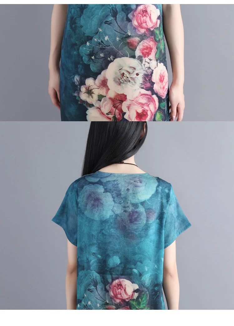 Vintage Big Size Flower print Short Sleeve Silk Dress 2018 Summer Retro Tie Dye O- Neck Plus Tunic Loose Vestidos | Женская одежда