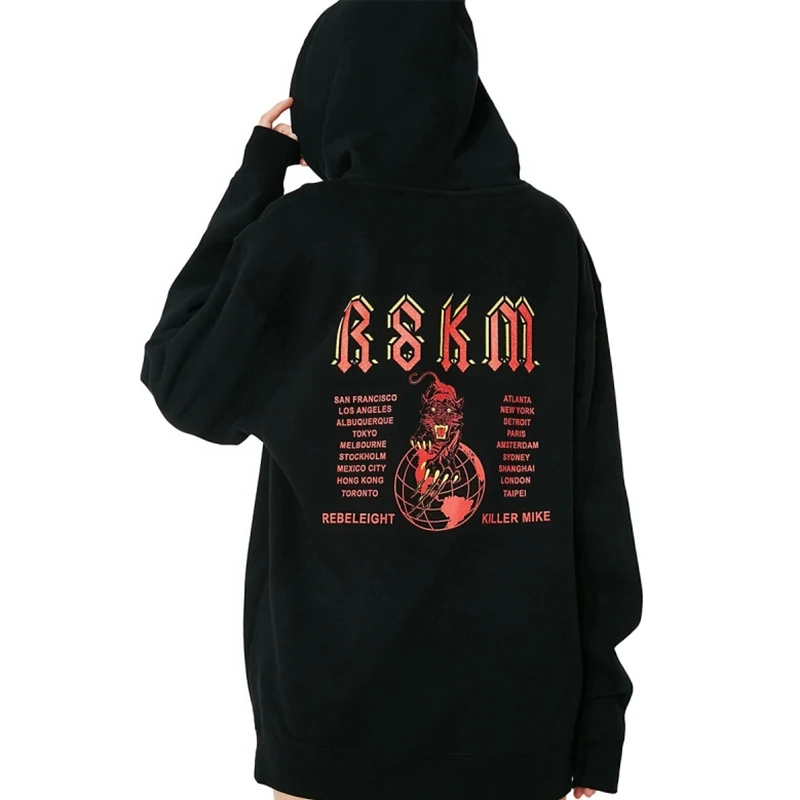 HDY Haoduoyi Women Black Sweatshirts Long Sleeve Animals Letters Printed Back Pocket Front Female Loose Cotton Hoodies | Женская одежда