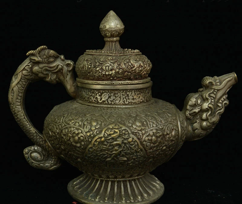 Старый Китай Тибет серебряный дракон голова зверя 8 благоприятный символ винный