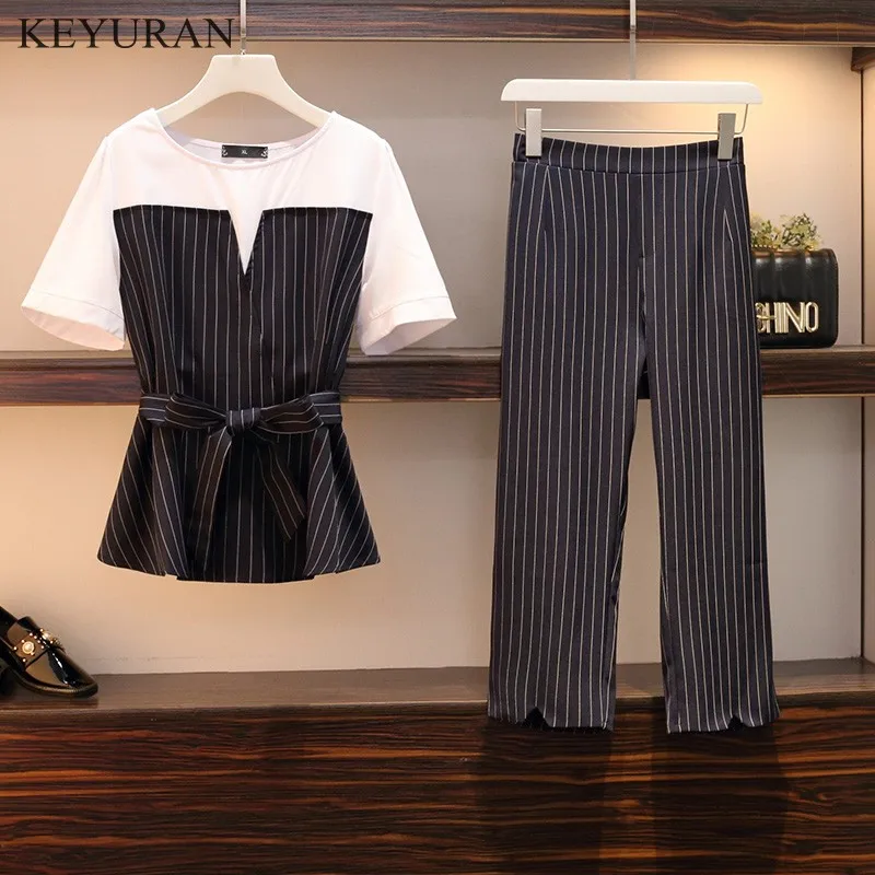 2019 Новая летняя блузка в полоску и широкие брюки комплект с поясом модная рубашка