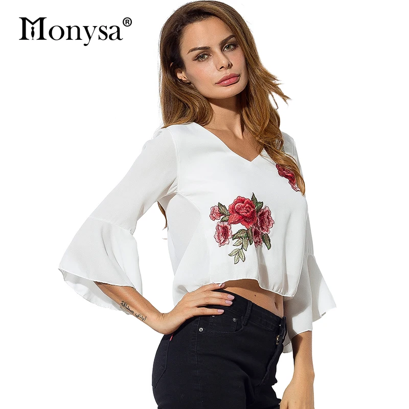 Вышивкой Блузки Рубашки Для Женщин 2017 Лето Оборками Рукава Спинки