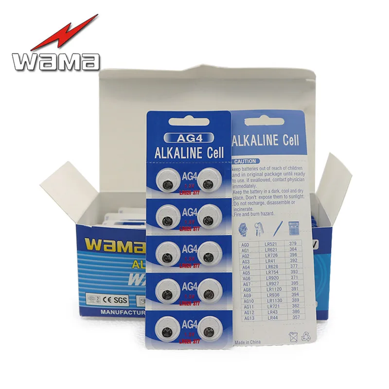 

200pcs/lot Wama AG4 Button Cell Coin Battery SR626 LR66 177 626 SR66 377 LR626 1.5V Alkaline Batteries Disposable Drop ship
