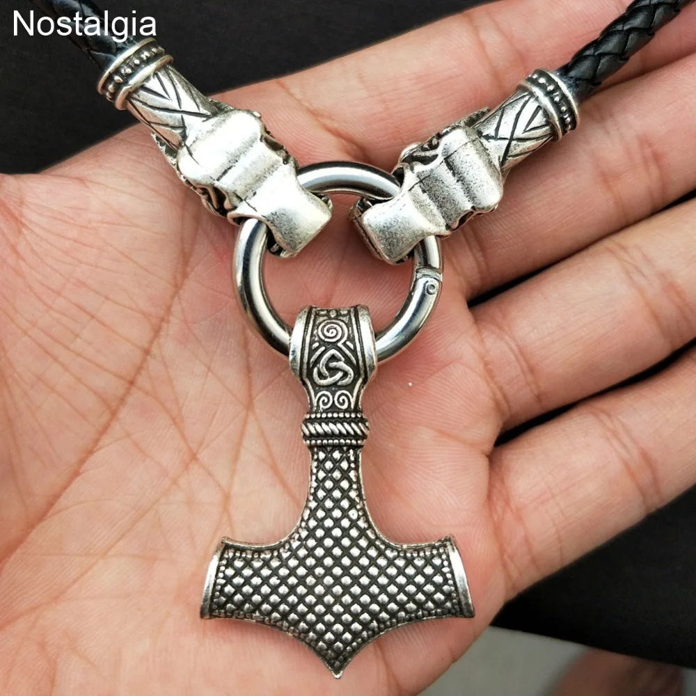 Ностальгия Thor Hammer норвежский викинг Дракон ожерелье Длинный кожаный Mjolnir амулет
