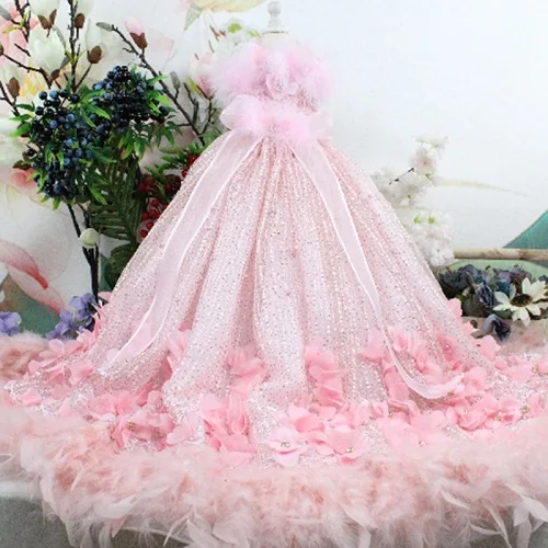 Pink Домашнее животное платье в стиле принцессы для собаки со шлейфом Свадебное платье для маленьких собак ручная работа перо вышивка Щенок Одежда кружевное платье Чихуахуа Мопс - Color: Pink