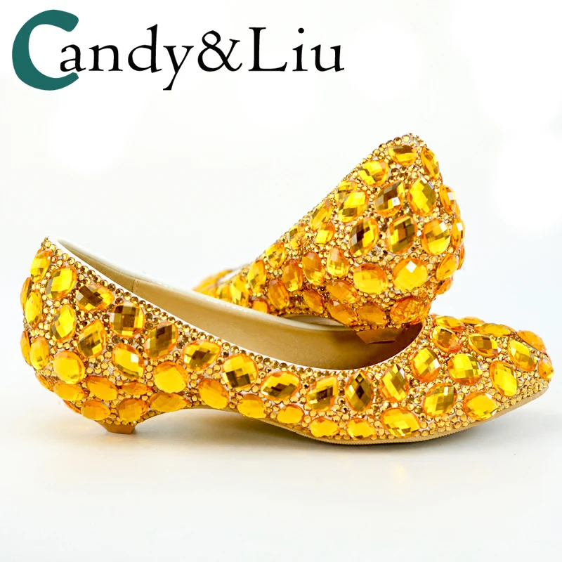 

Wedding Shoes 2cm Low Heels Wedges Gold Crystal Rhinestone Pregnant Women Bridal Stage Performance Nice Walking Pumps Big Size