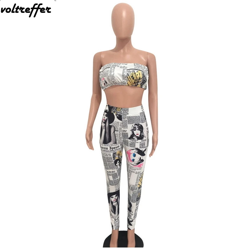 Комплект из двух предметов с принтом старых газет женская сексуальная
