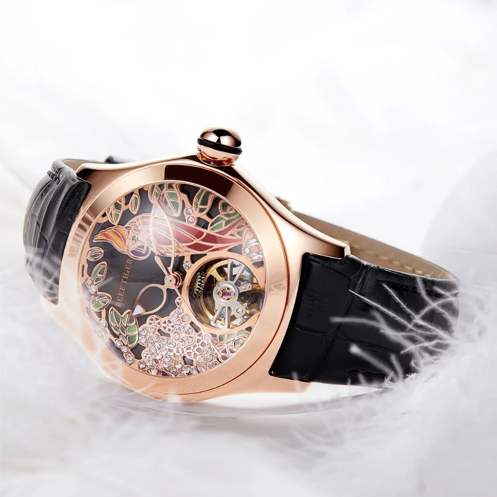 Reef Tiger/RT Top Brand Luxury Women Watches Rose Gold Fashion Automatic  Genuine Leather Strap RGA7105