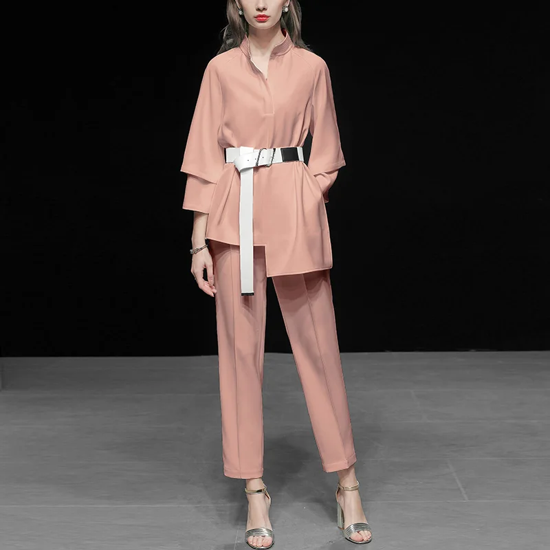 Женский элегантный комплект из двух предметов для офиса 2019 женский модный топ и