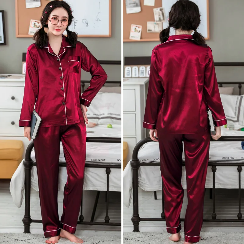 Christmas Red Satin Pajamas Women Plus Size Luxury Home Clothes Solid Long Sleeve Silk Pajama Set Cardigan Autumn | Женская одежда