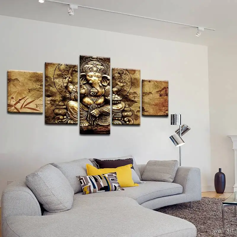 Modern Hd Printed Canvas Posters Home Decor 5 Pieces India Ganesha Paintings Framed Wall Art Elephant Trunk God Pictures | Дом и сад
