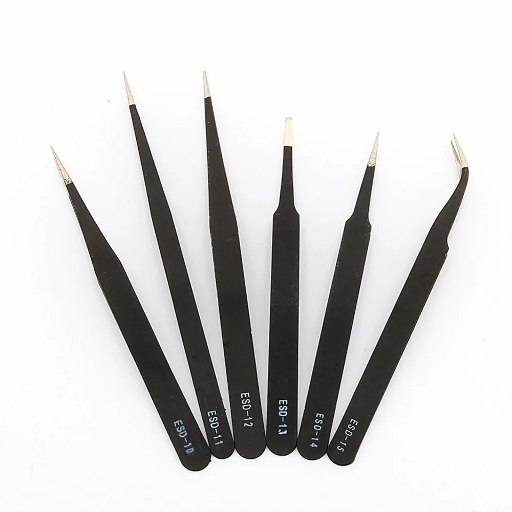 

6pcs/set Safe Anti-static Tweezers Diy Tweezers ESD Electrician Tools Set Maint Repair Hand Tool