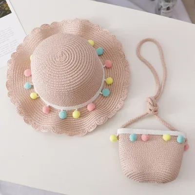pink hat bag Высококачественные милые соломенные шляпы для девочек, цветные Бальные летние солнечные шляпы для детей, детские пляжные шляпы, солнцезащитный козырек(шляпа+ сумка, два комплекта - Цвет: pink hat bag