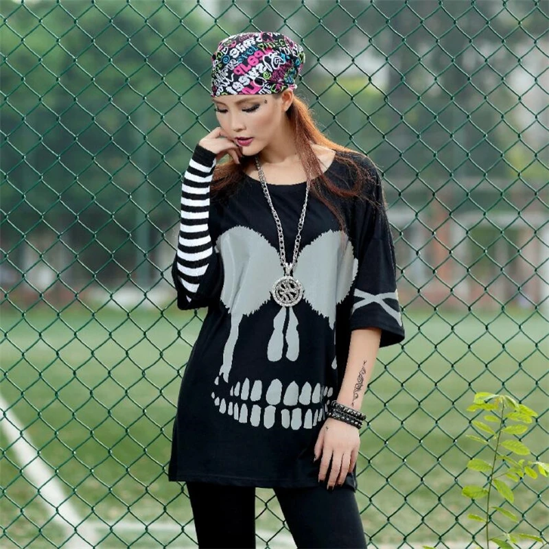 Women T-Shirt Summer Half sleeve Skull Print Cotton Female Hip-hop Loose New Fashion Casual Rock Punk style Tops Tees | Женская одежда