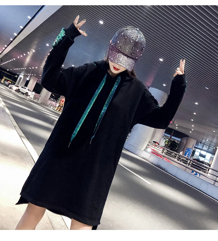 Новые осенние женские платья размера плюс, модное повседневное свободное платье с вышивкой и пайетками, с длинным рукавом, с капюшоном, платье-Толстовка для женщин