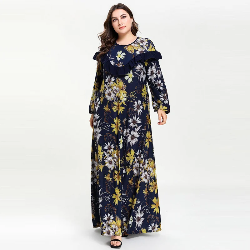 Женская мусульманская одежда Abayas макси мусульманское платье с цветочным принтом