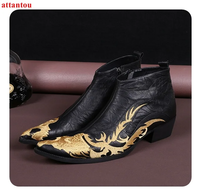 

Fashion Pointed Toe Men Ankle Boots Black Leather Embroider Male Shoes Man Casual Shoes Lace Up Office Formal Single Shoes