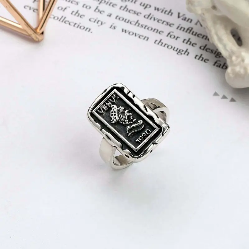 Silvology 925 Sterling Silver Square Figure Rings Vintage Do Old Coin Creative Venus Rings For Women Elegant Korea Jewelry - Цвет камня: Silver