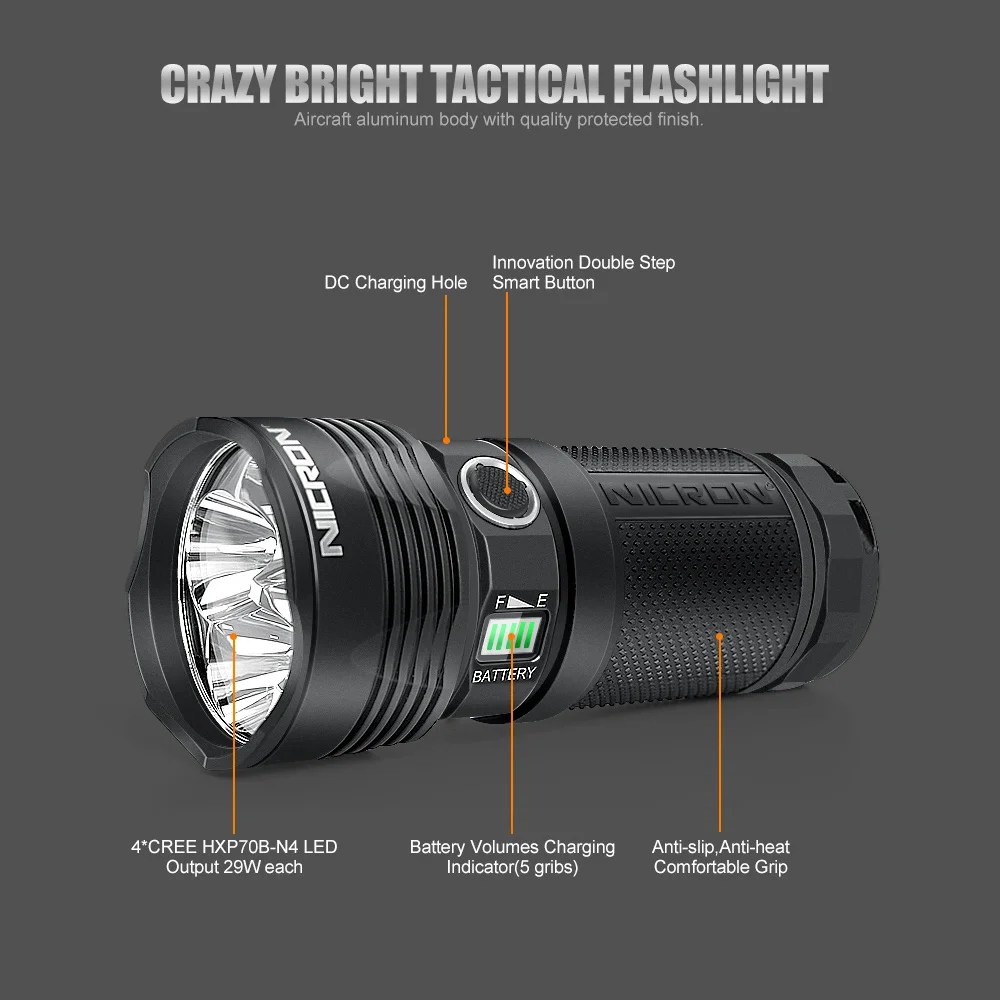 NICRON крари яркий тактический фонарик 18650 Батарея 12, 000LM 346 м 30, 000CD 29 Вт Водопроницаемый; с высокой яркостью светодиодный фонарик B400