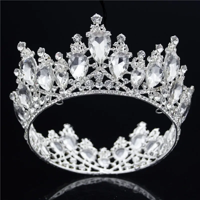 Silver White Барокко Золотая Корона невесты Королева Король большая корона тиара Выпускной свадебная диадема украшения для волос тиары и повязка в виде короны украшения для волос - Окраска металла: Silver White