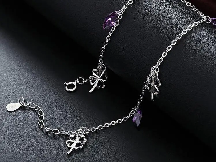 Женский браслет с цепочкой в стиле клевера на лодыжке из настоящего серебра 925