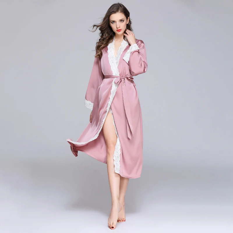 Женский шелковый халат длинное атласное кимоно с кружевной отделкой для весны и