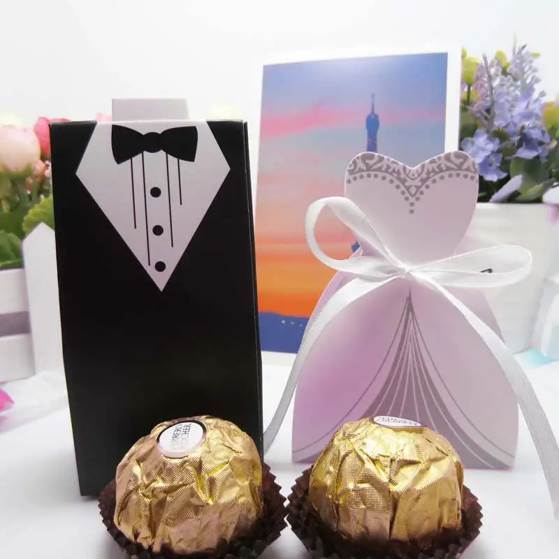 

100pcs/lots Bride And Groom Dresses Wedding Candy Box Gifts Favor Box Wedding Bonbonniere DIY Event Party Supplies