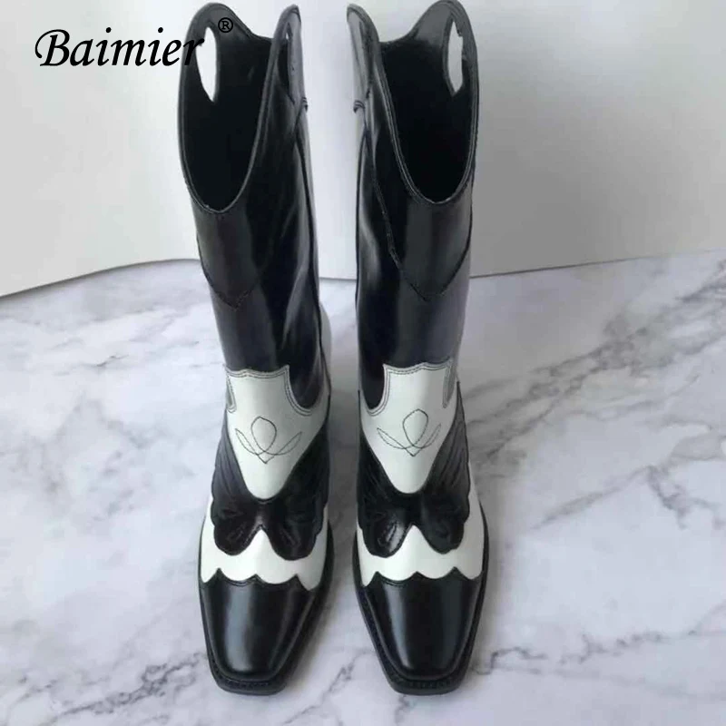 Black CowBoy Boots Baimier/Роскошные брендовые зимние сапоги из натуральной кожи; женские ковбойские сапоги в западном стиле; женские сапоги до колена с вышивкой - Цвет: Black CowBoy Boots