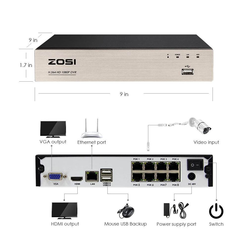 ZOSI POE IP видео Камера 8-канальный CCTV Системы 1080P Bullet Камера 2MP наблюдения комплект приборов безопасности DVR ночного видения для жесткого диска