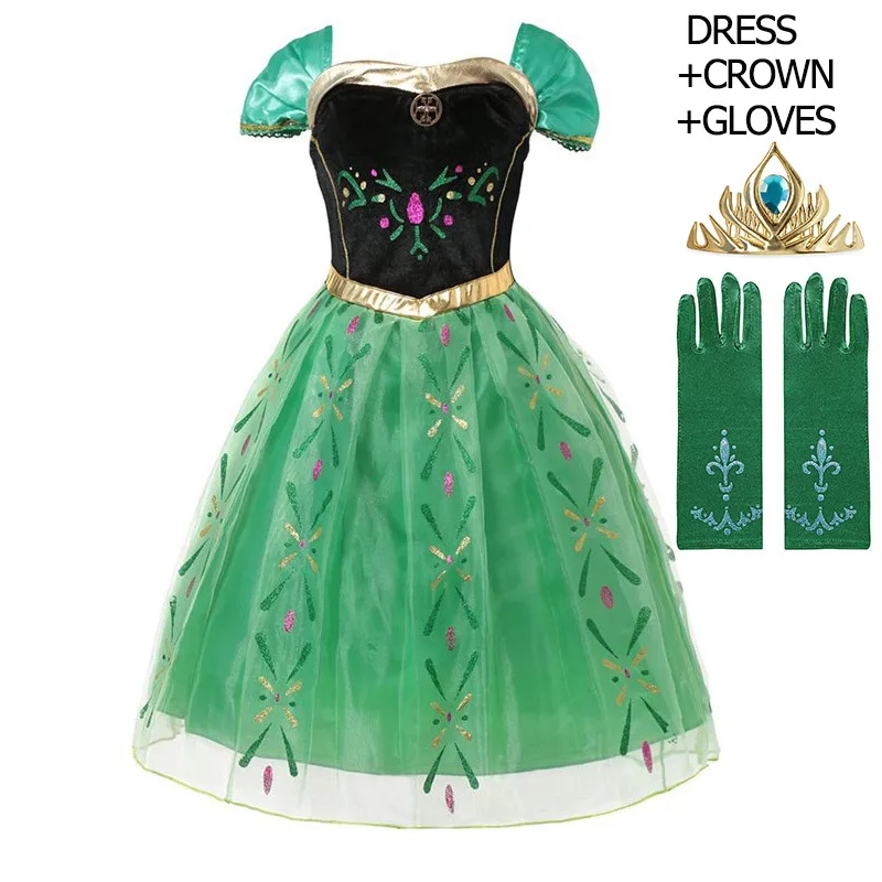 Dress Set Зеленое платье принцессы Анны для маленьких девочек; вечерние платья Анны с вышитыми открытыми плечами и цветочным рисунком; детская одежда для костюмированной вечеринки; летний нарядный костюм - Цвет: Dress Set