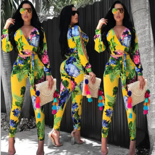 Женский костюм с цветочным принтом Модный комплект из 2 предметов сексуальный