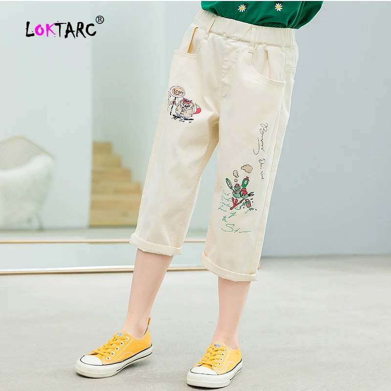LOKTARC/весенне летние брюки Капри Для девочек свободные с эластичной резинкой на