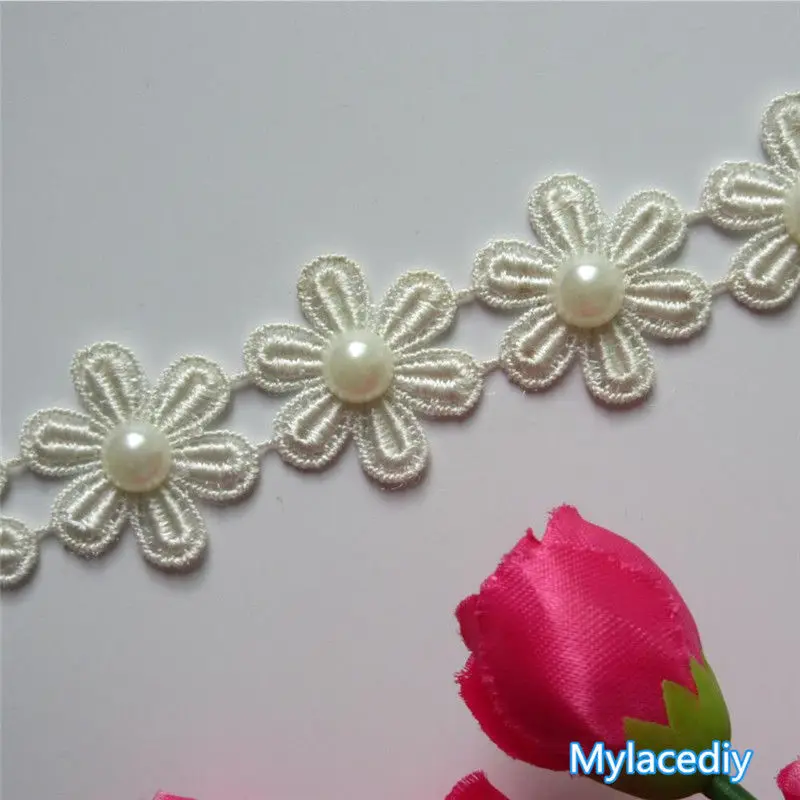 1 yard Pearl Beaded Flower Embroidered Lace Edge Trim Ribbon Floral Applique Patches Fabric Sewing Craft Vintage Wedding Dress | Дом и сад