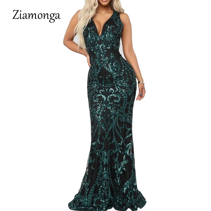 Ziamonga v-образным вырезом Длинные платья русалки женский Блестками Пол | Женская