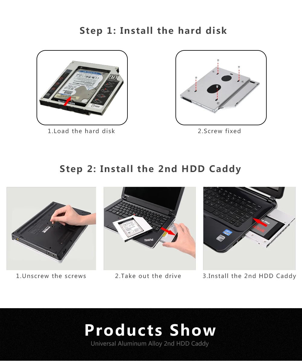 Sunvalley алюминиевый сплав 9,5 мм SATA To SATA 3,0 2nd hdd caddy 2," HDD SSD чехол для ноутбука DVD/CD-ROM Оптический отсек 10 шт./лот