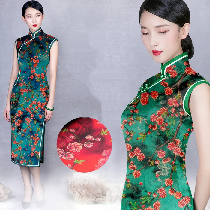 

118CM Wide 19MM 93% Silk & 7% Spandex Red Floral Blue Green Red Stretch Silk Satin Fabric for Summer Clothes Cheongsam D919
