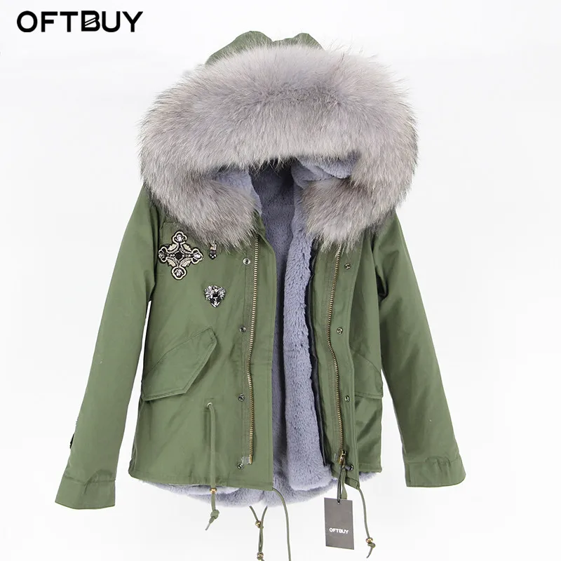 OFTBUY парка с вышивкой бриллиантами цвета хаки, зеленая зимняя куртка, пальто, женские парки, пальто с натуральным мехом енота, воротник теплый - Цвет: 2