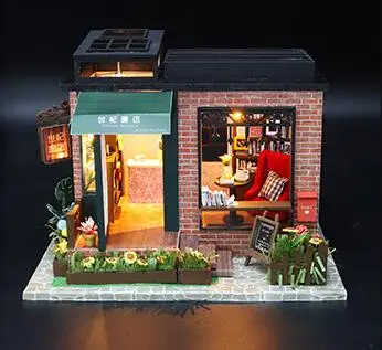 No Dust cover 1:24 Diy деревянный кукольный домик Миниатюрный книжный магазин миниатюрный домик игрушки для детей Каса рождественские подарки C008 - Цвет: No Dust cover