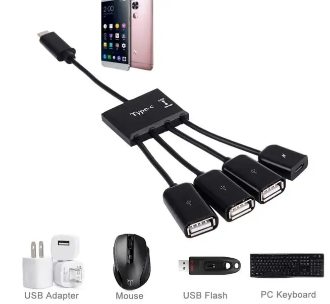 

(100pcs/lot) Cable 4 in 1 USB 3.1 Type-C male to 3 Ports USB 2.0 female OTG HUB Cable with Micro USB Power Supply
