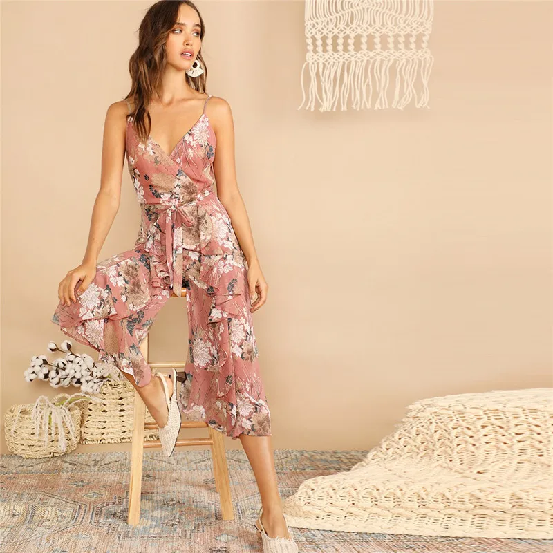 Шеин Boho Surplice Neck Botanical Ruffle Cami широкий комбинезон для женщин глубокий v-образный вырез без рукавов сексуальный комбинезон летний комбинезон