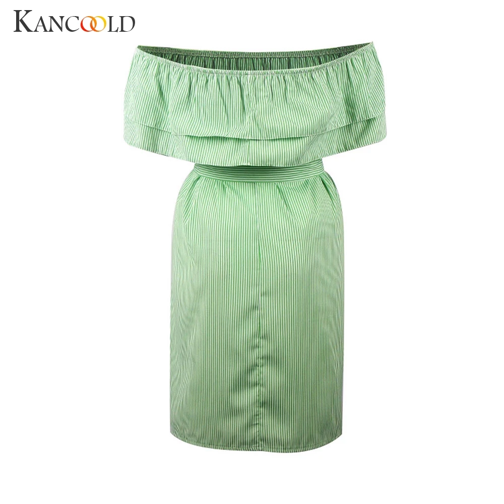 KANCOOLD Dress Women Summer Striped Off The Shoulder Ruffle With Belt Petal Sleeve fashion Mini new women 2019JAN25 | Женская одежда