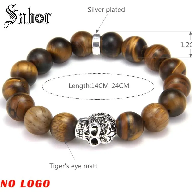 Большой Матовый браслет TIGER'S EYE с бусинами в виде черепа и лилии мужские