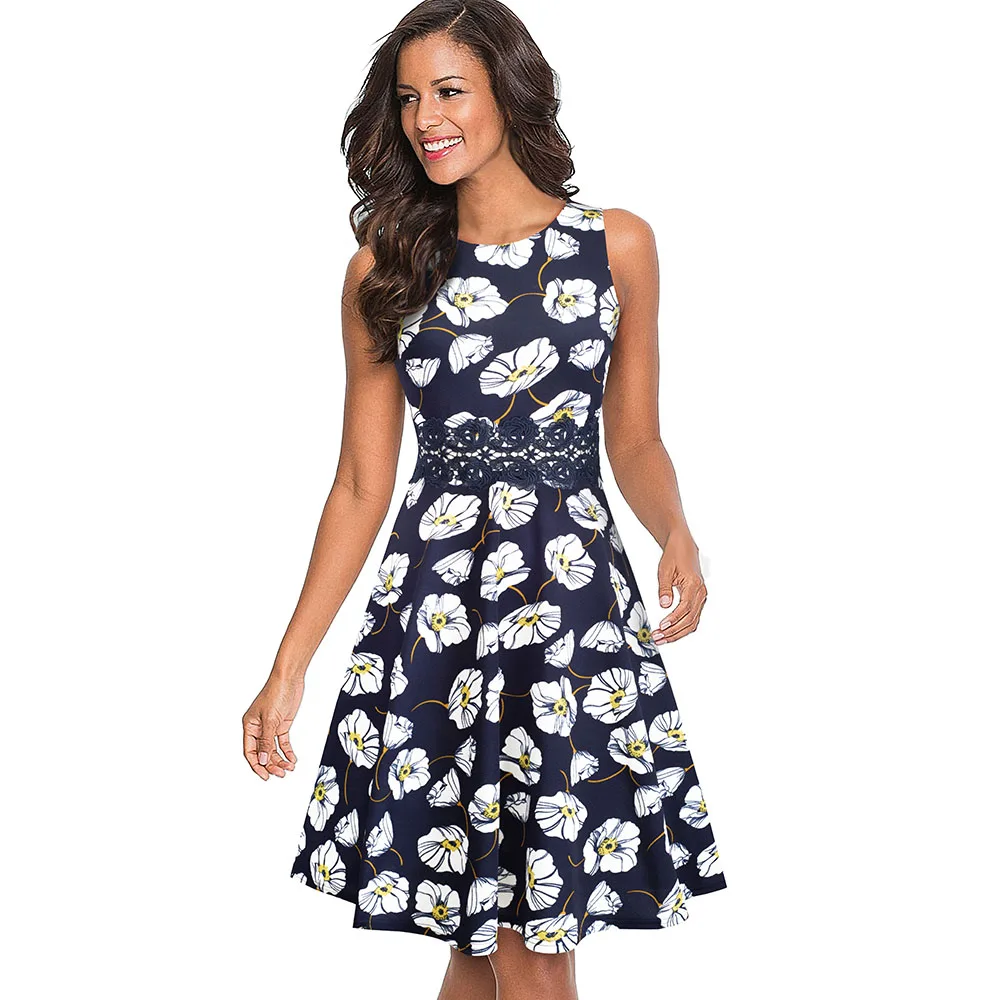 Dark Blue Floral Хорошее-forever винтажное элегантное кружевное лоскутное платье с цветочной вышивкой трапециевидной формы Pinup Деловые женские вечерние Расклешенные платья A079 - Цвет: Dark Blue Floral